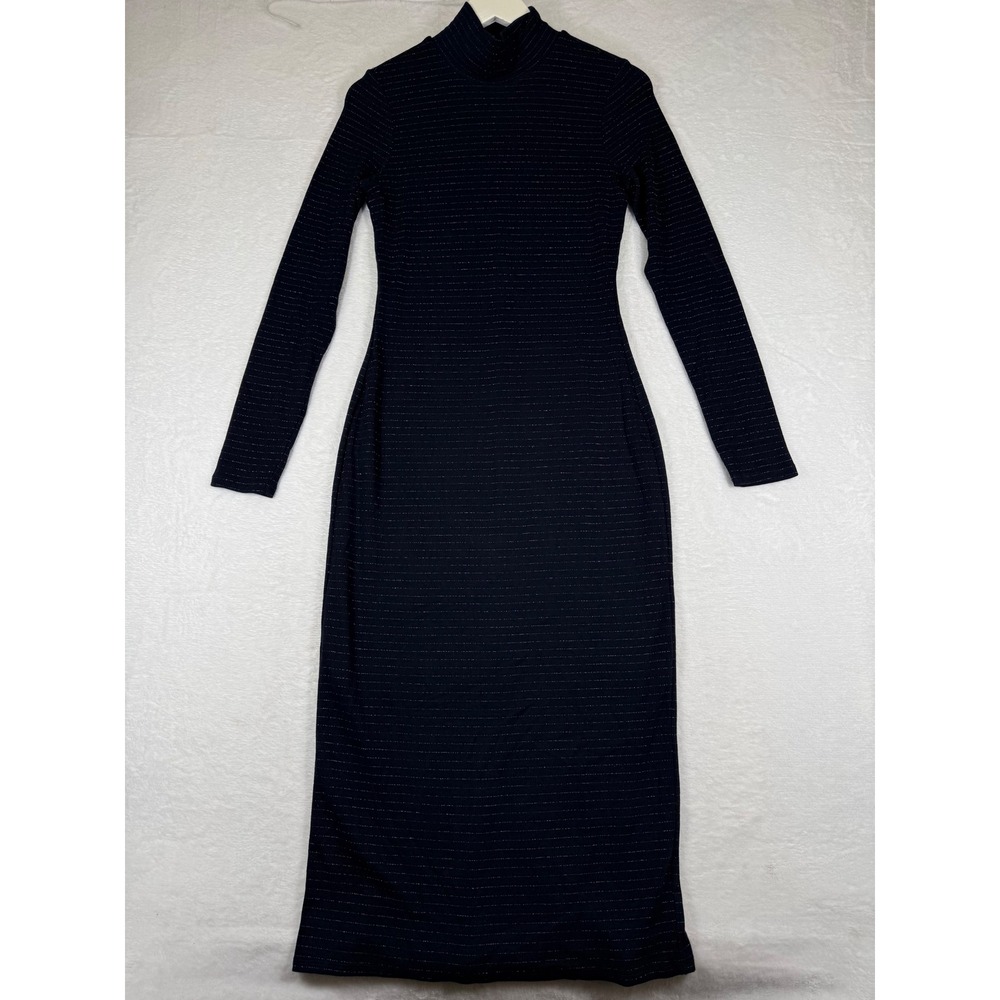 Marine Layer Womens Navy Blue Metallic Sparkle Mock Neck Midi Dress Medium 15672